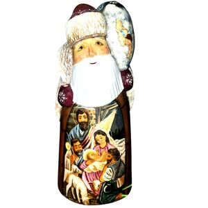 Large 9 1/2" Hand Carved & Painted Russian Father Christmas With Nativity Scene